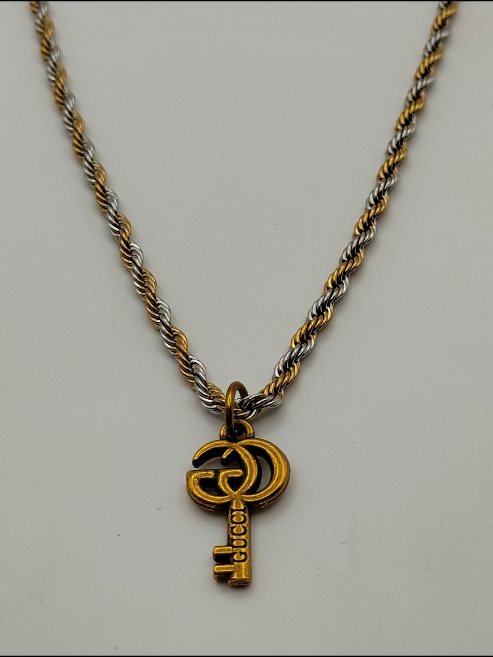 Gucci Gold-Tone Key Pendant On A Gold & Silver Rope Stainless Steel Necklace - Picture 3 of 7